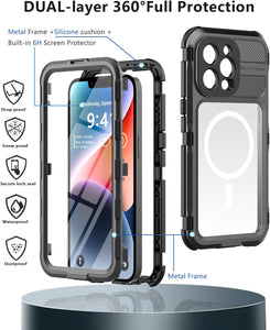 Design for iPhone 14 Pro Case Waterproof, Dustproof Shockproof Waterproof Case for iPhone 14 Pro, Metal Full Body Protective Phone Case for iPhone 14 Pro 6.1 inch Black