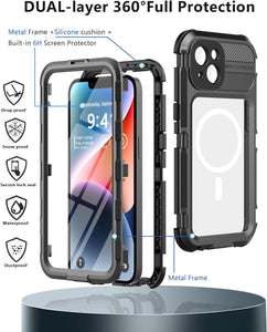 Design for iPhone 14 Case Waterproof, Dustproof Shockproof Waterproof Case for iPhone 14, Metal Full Body Protective Phone Case for iPhone 14 6.1 inch Black