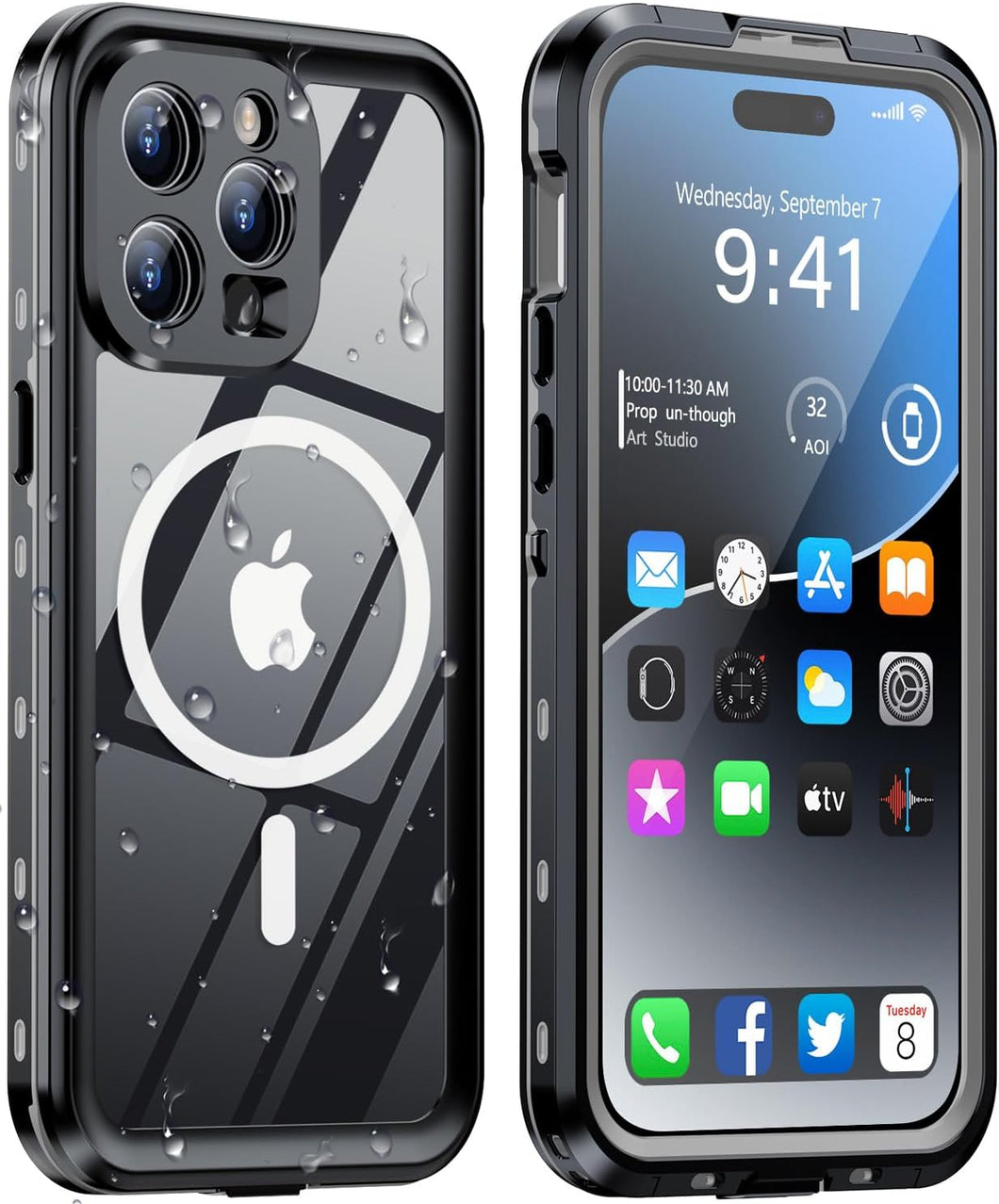 Design for iPhone 15 Pro case Waterproof 6.1'', Full Body Dust Proof Shockproof Phone Case Cover with Screen Protector- Black